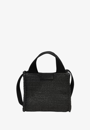 Borsa a tracolla nera intrecciata con doppi manici superiori, caratterizzata da una superficie testurizzata e una forma rettangolare. Include un'etichetta sul davanti.