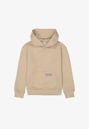 Beige Kapuzensweatshirt mit einer Vordertasche, versehen mit blauer Schrift und Unterschrift. Hergestellt aus weichem Material, mit gerippten Bündchen und Saum.