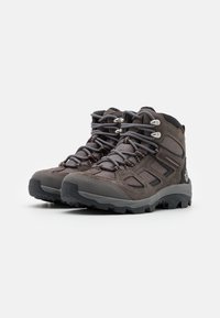 Brown hiking boots with suede and mesh materials, featuring breathable panels, round laces, rubber soles, and a reinforced toe cap.