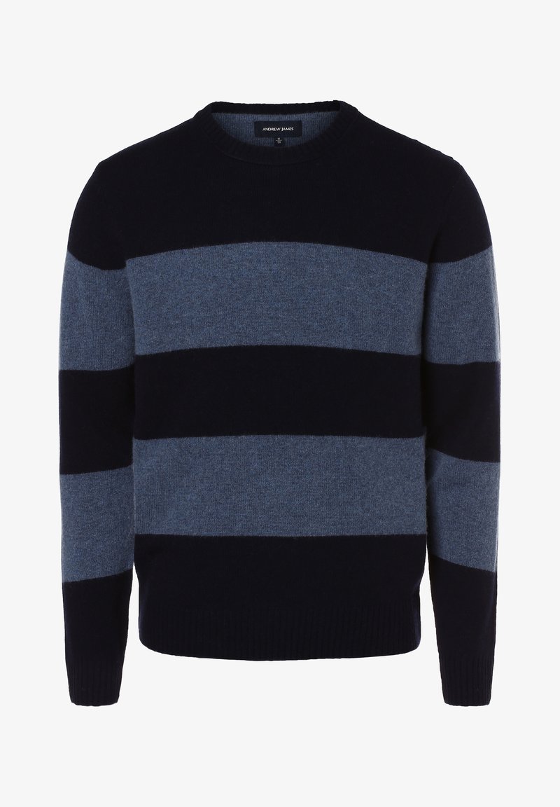 Marineblauer und hellblauer gestreifter Strickpullover mit rundem Ausschnitt, gerippten Bündchen und weicher Textur. Zeichnet sich durch breite horizontale Streifen aus.