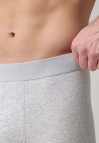 Boxer da uomo in cotone grigio con una ampia fascia elastica in vita, caratterizzati da una superficie liscia e un leggero motivo mélange. Una mano afferra la fascia in vita.