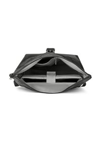 Geantă din material textil negru cu un închidere cu fermoar, având un interior gri. Include compartimente, o secțiune căptușită și o curea pentru asigurarea conținutului.