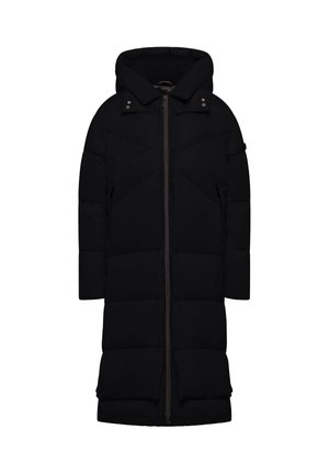 Black puffer coat with a hood, featuring a front zipper, two side pockets, and quilted pattern for insulation. Smooth, durable fabric.