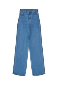 Vaqueros de pierna ancha de un azul claro, hechos de denim, con una cintura de altura media, cuatro bolsillos y costuras contrastantes a lo largo de las costuras.