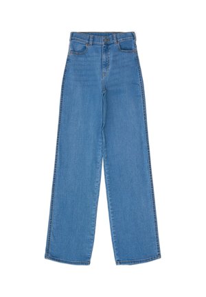 Helle blaue weit geschnittene Jeans aus Denim mit mittelhoher Taille, vier Taschen und kontrastierenden Nähten entlang der Säume.
