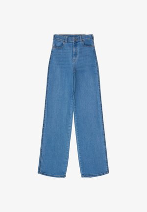 Light blue wide-leg jeans made of denim, featuring a mid-rise waist, four pockets, and contrasting stitching along the seams.