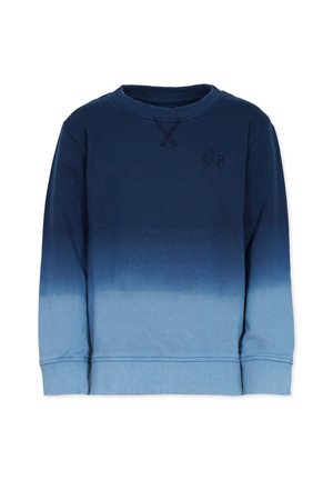 Felpa girocollo a maniche lunghe, caratterizzata da un gradiente blu che sfuma dal scuro al chiaro con iniziali ricamate sottili sul petto.