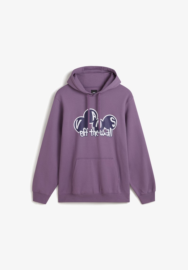 Felpa viola con cappuccio, tasca frontale, cordoncino per il cappuccio e un logo grafico con nuvole e il testo "VANS off the wall" in bianco e blu navy.