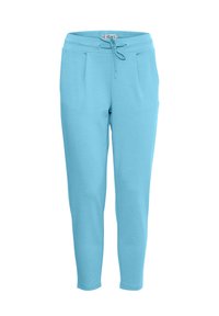 Lichtblauwe slim-fit trainingsbroek met een elastische tailleband en een trekkoord, voorzien van twee zijzakken en plooien aan de voorkant.