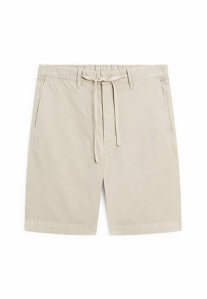 Beige Shorts aus leichtem Stoff. Mit einem elastischen Bund und einem Kordelzug, zwei Fronttaschen und einem geraden Bein-Design.
