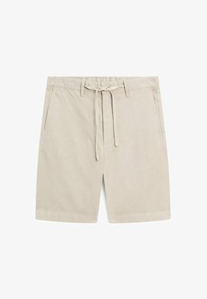Bermuda beige realizzati in tessuto leggero. Presentano una vita elasticizzata con cordino, due tasche frontali e un design a gamba dritta.