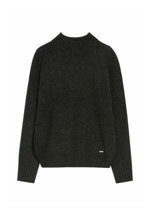 Ciemnozielony sweter z dzianiny z wysokim, prążkowanym dekoltem, opadającymi ramionami oraz prążkowanymi mankietami i dołem. Posiada małe metaliczne logo marki.