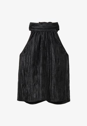Top nero a halter con texture plissettata. Il tessuto ha una finitura lucida e il design presenta un scollo ampio e una silhouette ampia e fluente.