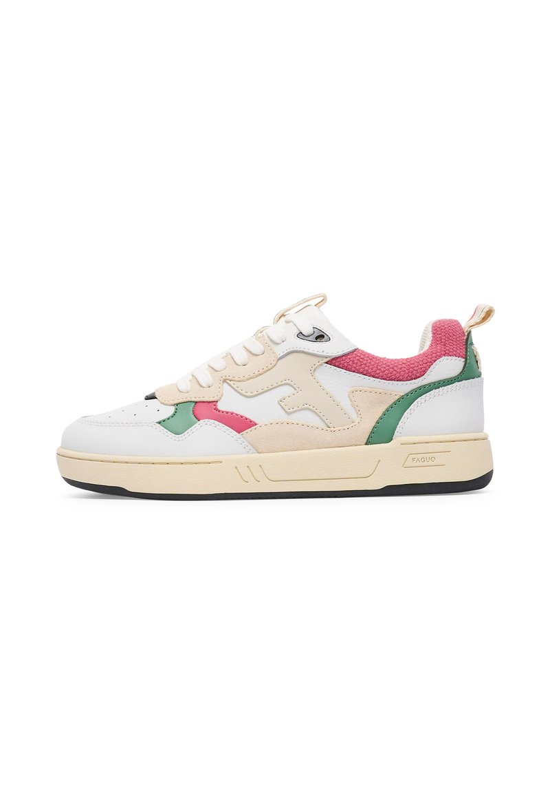 Sneaker with a white leather upper, beige suede accents, pink and green details, textured tongue, and black rubber sole. Rounded toe design.