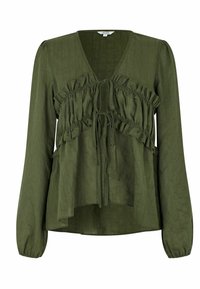 Olive green long-sleeve blouse with ruffled panels, V-neck, and front tie closures, featuring a slightly flared hem.