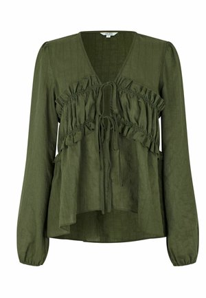 Blusa verde oliva a maniche lunghe con pannelli arricciati, scollatura a V e chiusure a fiocco davanti, caratterizzata da un orlo leggermente svasato.