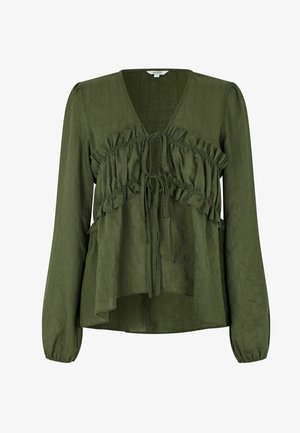 Chemisier à manches longues vert olive avec des panneaux froncés, décolleté en V et fermetures à tie front, présentant un ourlet légèrement évasé.