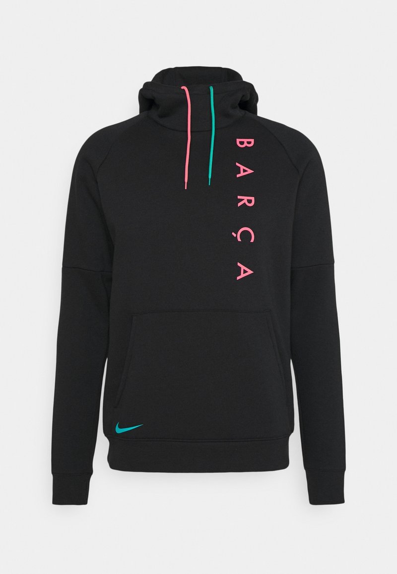 Haut à capuche noir avec un col haut, arborant "BARÇA" en texte vertical rose, des cordons turquoise et un petit logo Nike turquoise près de la poche.