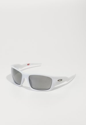 White sunglasses with gray lenses, rectangular shape, matte finish, and an embossed logo on the side. Lightweight design with curved arms.