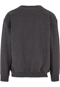 Mørkegrå sweatshirt med klassisk rund halsudskæring, drop-shoulder, ribbede manchetter og kant samt en glat tekstur. Bagudsigt vist.