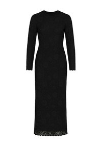 Robe de soirée en dentelle noire avec des manches longues, un col rond et une silhouette ajustée, dotée d'un ourlet en dentelle festonnée et de motifs floraux.