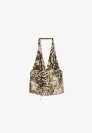 Multikleurige haltertop met een bloemenpatroon, gemaakt van lichtgewicht stof, met een cinch-voorkant en verstelbare strikken voor de juiste pasvorm.