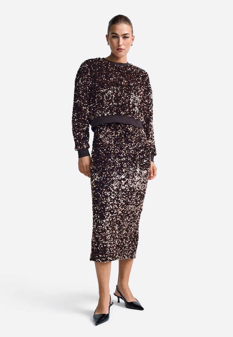 Pailių suknelė rudomis atspalviais, turinti trumpą palaidinę su elastinėmis rankovėmis ir ilgą sijoną. Juodi aukšti kulniukai užbaigia įvaizdį.