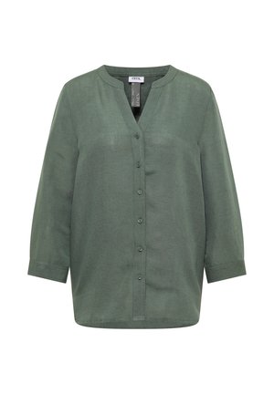 Linnen blouse van CECIL, olijfgroen, met lange mouwen, knoopsluiting, kraagloze halslijn en een losse pasvorm, maat 38.