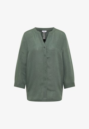 Linnen blouse van CECIL, olijfgroen, met lange mouwen, knoopsluiting, kraagloze halslijn en een losse pasvorm, maat 38.