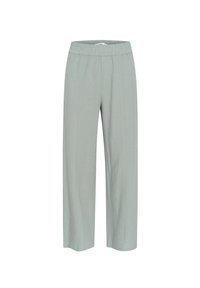 Lichtgroene wijde broek met een elastische tailleband en verticale patroonstructuur, gemaakt van een zachte, ademende stof.