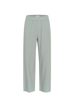 Lysgrønne, brede bukser med elastisk talje og lodret mønstervævning, lavet af et blødt, åndbart stof.