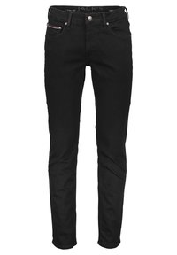 Jean skinny noir en denim, avec un design à cinq poches, fermeture à bouton en métal et une branding subtile sur la ceinture.