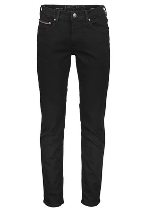 Jeans skinny neri realizzati in denim, con un design a cinque tasche, chiusura con bottone metallico e un marchio discreto sulla vita.