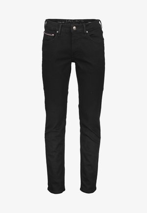 Czarne skinny jeans wykonane z denimu, z pięcioma kieszeniami, metalowym zapięciem oraz subtelnym logo na pasku.