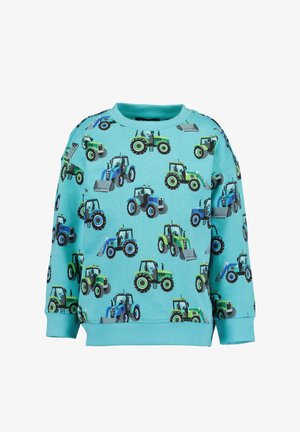 Hellblaues Sweatshirt aus Baumwolle mit einem wiederholten Muster von grünen und blauen Traktorillustrationen, Rundhalsausschnitt und gerippten Bündchen.
