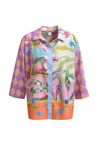 Colorful long-sleeve shirt featuring various patterns: snakes, flora, and geometric shapes in pastel colors on a light blue button placket.