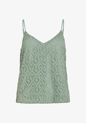 Világoszöld csipkés kombiné gyémánt és virágos horgolt mintával, vékony állítható pántokkal és V-nyakkivágással.