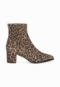 Bottes à cheville en imprimé léopard en tissu, avec un bout pointu et un talon bloc, offrant un ajustement serré et une texture lisse.