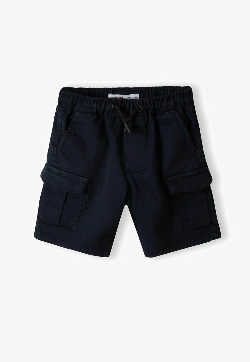 Shorts cargo bleu marine fabriqués en tissu durable, dotés d'une taille élastique, d'un cordon de serrage et de deux poches latérales avec fermetures à rabat.