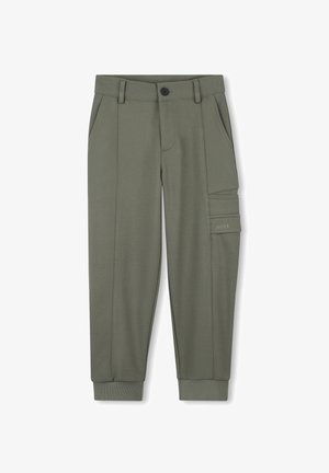 Groene cargobroek van zachte stof, met een knoopsluiting, vo pockets aan de voorkant en een zijzak met logoaccent. Elastische boorden.