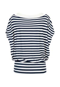 Haut à col bateau rayé bleu et blanc avec des manches courtes. Tissu doux, coupe décontractée et détail froncé à la taille.