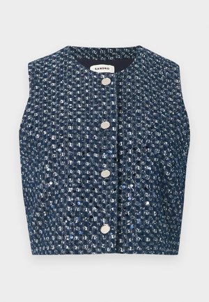 Veste sans manches en tweed bleu marine avec des paillettes argentées et quatre boutons ronds en argent sur le devant, étiquette "Sandro" à l'intérieur du col.