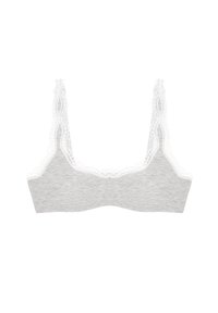 Grå stof bralette med en blondekant langs udskæringen og stropperne, med en blød tekstur og et simpelt design. Uden bøjle.