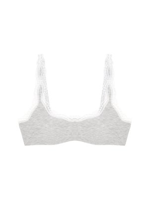 Bralette in tessuto grigio con rifinitura in pizzo lungo il décolleté e le spalline, dalla consistenza morbida e dal design semplice. Senza ferretto.