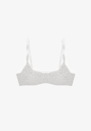 Gray fabric bralette featuring a lace trim along the neckline and straps, with a soft texture and a simple design. No underwire.
