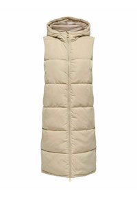 Beige Puffer-Weste mit Kapuze, ausgestattet mit einem durchgehenden Reißverschluss, Steppdesign und horizontalen Nähten für die Isolierung.