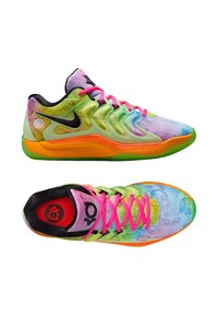 Zapatillas atléticas coloridas con un diseño de degradado multicolor. Fabricadas con material sintético, con detalles en negro y cordones de color rosa brillante.