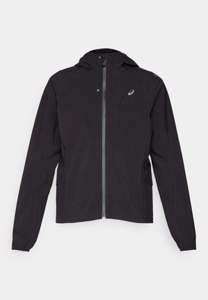 Black lightweight jacket, zippered front, hooded design, elastic cuffs, side pockets, featuring a small logo on the left chest area.