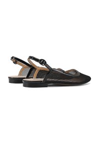 Scarpe slingback in rete nera con punta arrotondata, dettagli beige e tacco piatto. Presentano una cinghia per la caviglia sicura con una fibbia rotonda.