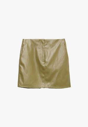 Olivgrüner Minirock aus Kunstleder mit seitlichen Taschen, glatter Textur und einem schlichten, geraden Schnittdesign. Hat eine verdeckte Vordernaht.